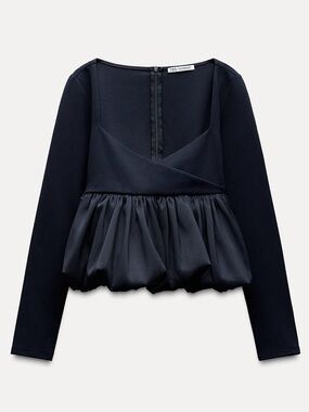 Zara Navy Bubble Hem Peplum Top Long Sleeve Balletcore Coquette V Neck Babydoll